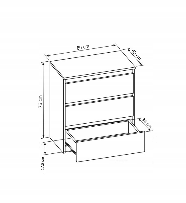 Komoda 80 cm 3 szuflady biała wymiary