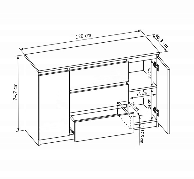 Komoda 120 cm 3 szuflady 2 szafki Biała - wymiary Komoda 120 cm 3 szuflady 2 szafki Biała - wymiary