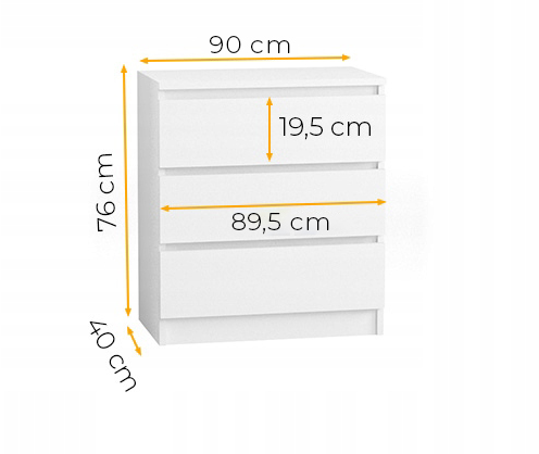 Komoda 90 cm 3 szuflady biała - wymiary