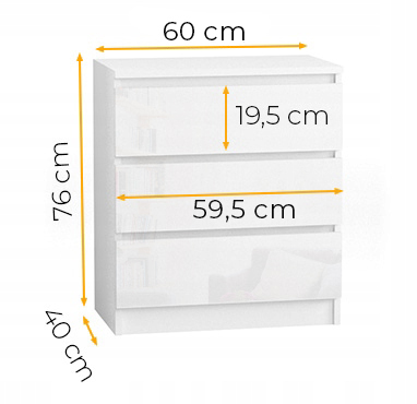 komoda 60 3 szuflady bialy mat + polysk - wymiary