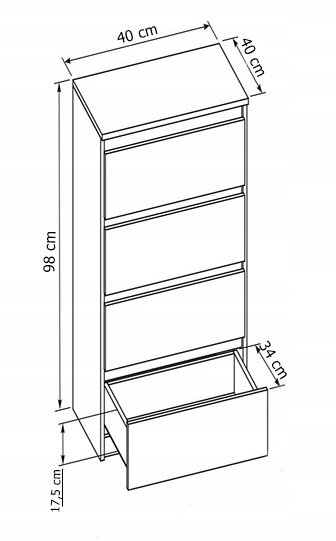 Komoda 40 cm 4 szuflady sonoma - wymiary