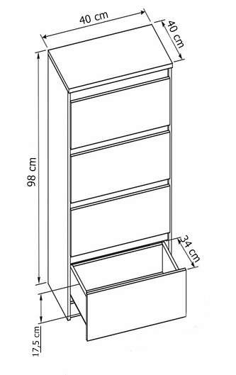 Komoda 40 cm 4 szuflady biała - wymiary