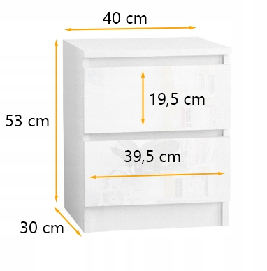 Komoda 40 cm 2 szuflady Korpus Biały mat, Fronty Połys - wymiary