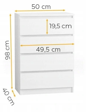 Komoda 50 cm 4 szuflady Korpus Biały mat, Fronty Połysk wymiary