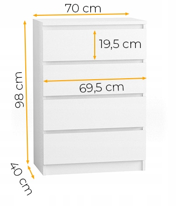 Komoda 70 cm 4 szuflady biała - wymiary