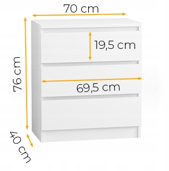 Komoda 70 cm 3 szuflady biała - wymiary
