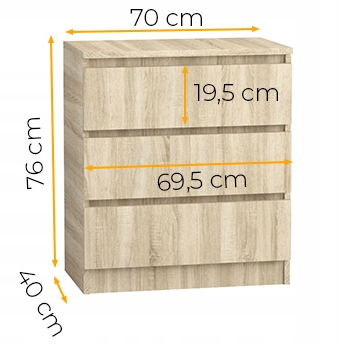 Komoda 70 cm 3 szuflady sonoma - wymiary