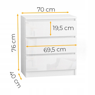 Komoda 70 cm 3 szuflady Korpus Biały mat, Fronty Połysk wymiary