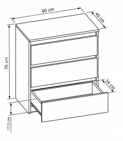 Komoda 80 cm 3 szuflady Korpus Biały mat, Fronty Połysk - wymiary