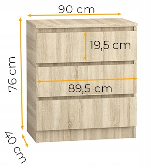 Komoda 90 cm 3 szuflady sonoma - wymiary