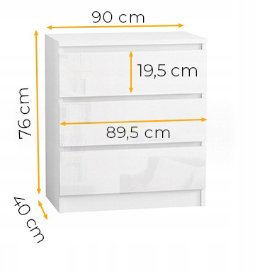 Komoda szafka 90 cm biały mat 3 szuflady front połysk - wymiary