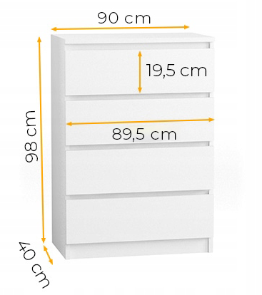 Komoda 90 cm 4 szuflady biała - wymiary