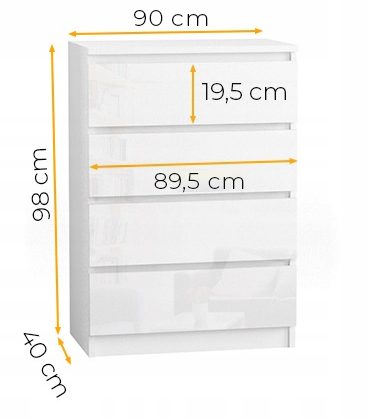 Komoda 90 cm 4 szuflady Korpus Biały mat, Fronty Połysk - wymiary