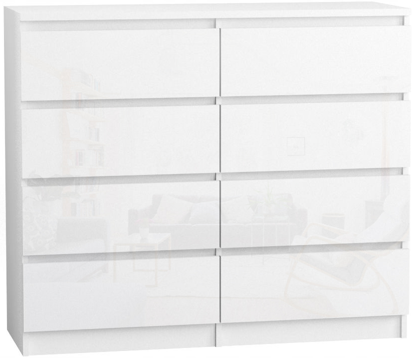 Komoda 120 cm 8 szuflad Korpus Biały mat, Fronty Połysk