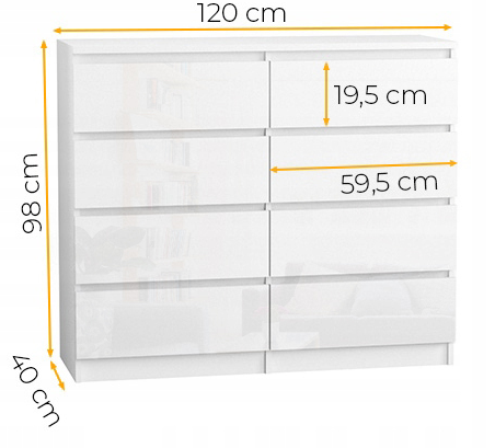 Komoda 120 cm 8 szuflad Korpus Biały mat, Fronty Połysk - wymiary