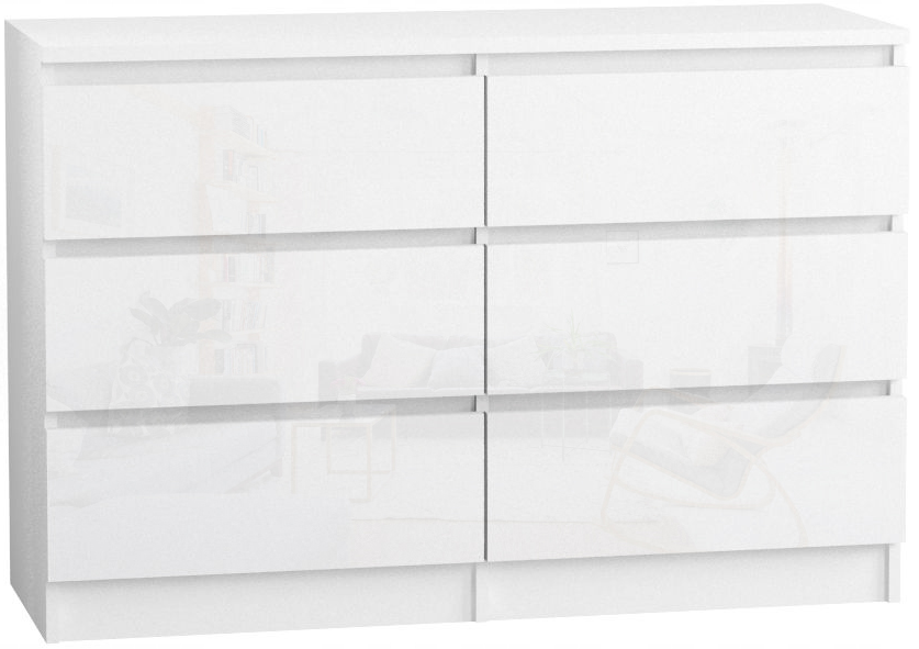 Komoda 120 cm 6 szuflad Korpus Biały mat, Fronty Połysk
