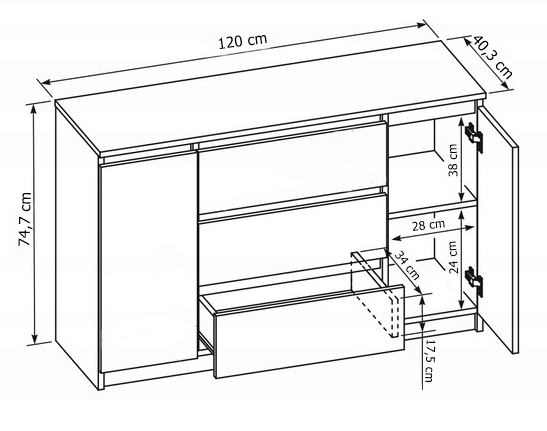 Komoda 120 cm 3 szuflady 2 szafki Sonoma - wymiary