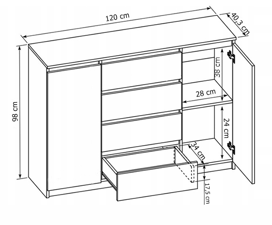 Komoda 120 cm 4 szuflady 2 szafki Sonoma - wymiary