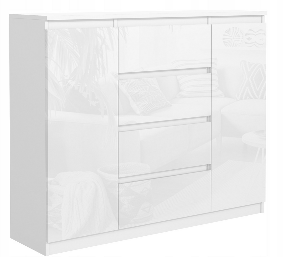 Komoda 120 cm 4 szuflady 2 szafki Korpus Biały mat, Fronty Połysk