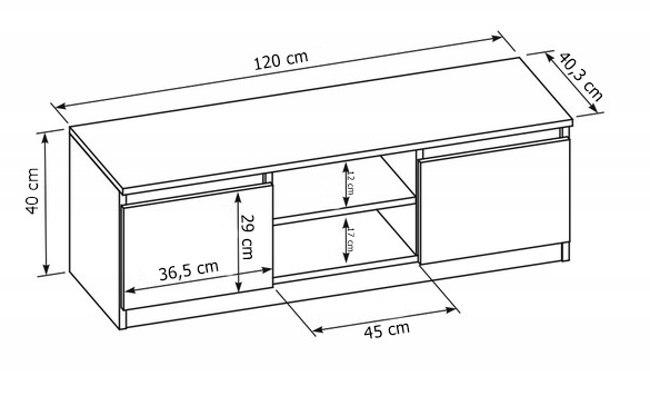 Komoda RTV 120cm 2 szafki półka Korpus Biały mat, Fronty Połysk - wymiary