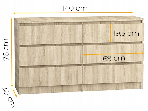 Komoda 140 cm 6 szuflad sonoma - wymiary