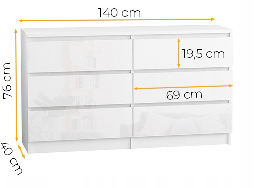 Komoda 140 cm 6 szuflad Korpus Biały mat, Fronty Połysk - wymiary