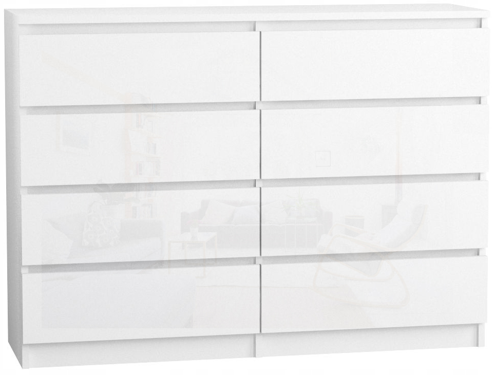 Komoda 140 cm 8 szuflad Korpus Biały mat, Fronty Połysk
