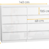 Komoda 140 cm 8 szuflad Korpus Biały mat, Fronty Połysk - wymiary