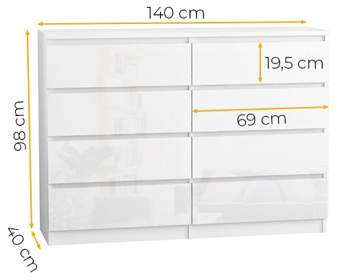 Komoda 140 cm 8 szuflad Korpus Biały mat, Fronty Połysk - wymiary