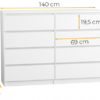 Komoda 140 cm 8 szuflad biała - wymiary