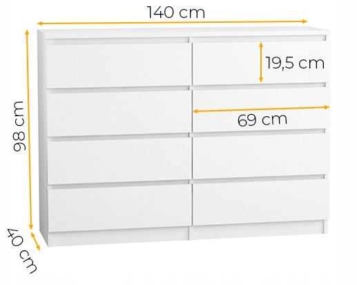 Komoda 140 cm 8 szuflad biała - wymiary