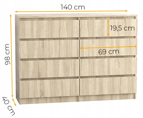 Komoda 140 cm 8 szuflad sonoma - wymiary